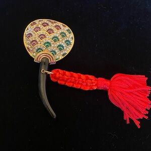 Vintage Fan Asian Enamel Gold Toned Rhinestone Red Tassel Brooch Pin.